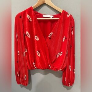 ASTR V Neck Pleated Long Sleeve Red Floral Blouse